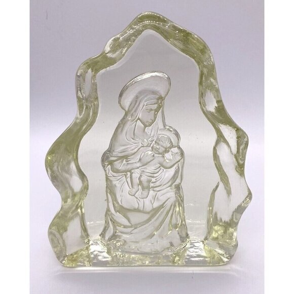 Mother Mary Baby Jesus Clear Glass Art Statue, 6 inches tall - Picture 1 of 8